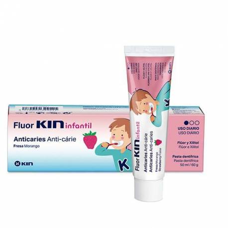 Farmacia Simán - ¡Fluor Kin pasta dentífrica ideal para niños de 2 a 6  años! 🍓Su atractivo sabor a fresa facilita su utilización diaria.  🍭Protege frente a la caries dental. 😬Remineraliza y